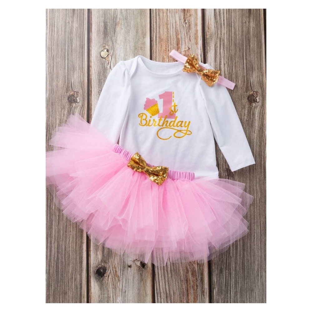 White Pink 3 Piece Onsie Tutu Skirt 1 Birthday Set - Picture 3 of 8